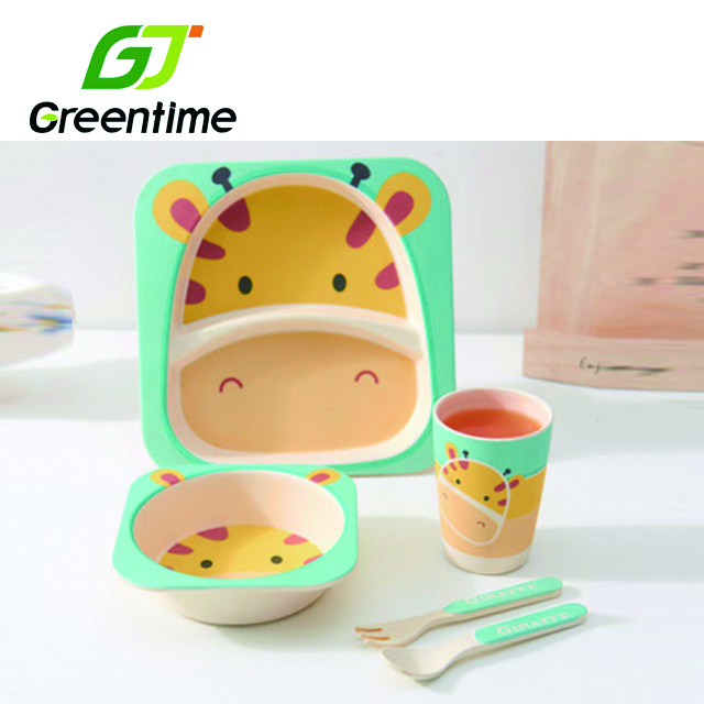 Amazon Sustainable Printed 5pc Bamboo Fiber Tableware for Kids with divided plate children 1096-5P